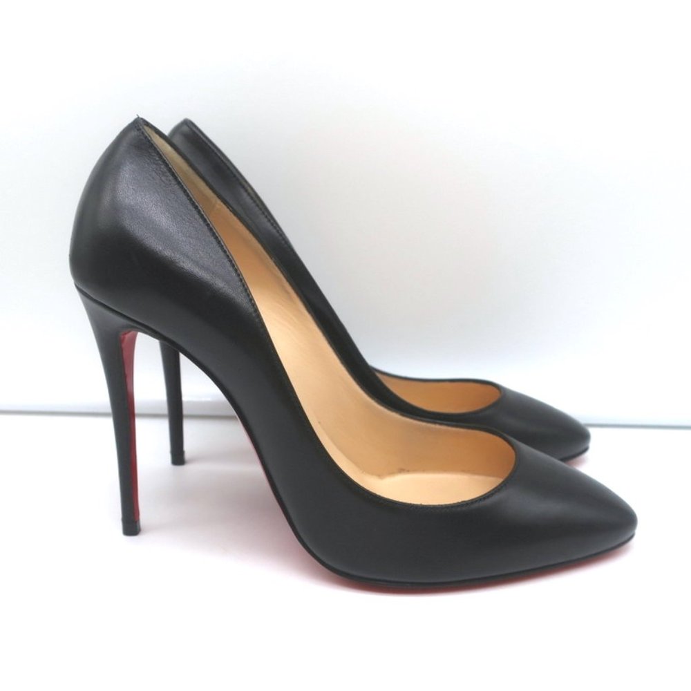 CHRISTIAN LOUBOUTIN ELOISE 100 PUMPS BLACK LEATHER SIZE 36 ALMOND TOE HEELS - Picture 1 of 11